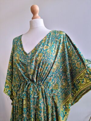 New Silk Blend Kaftan in Paisley Digital Print- Emerald Green - Image 2