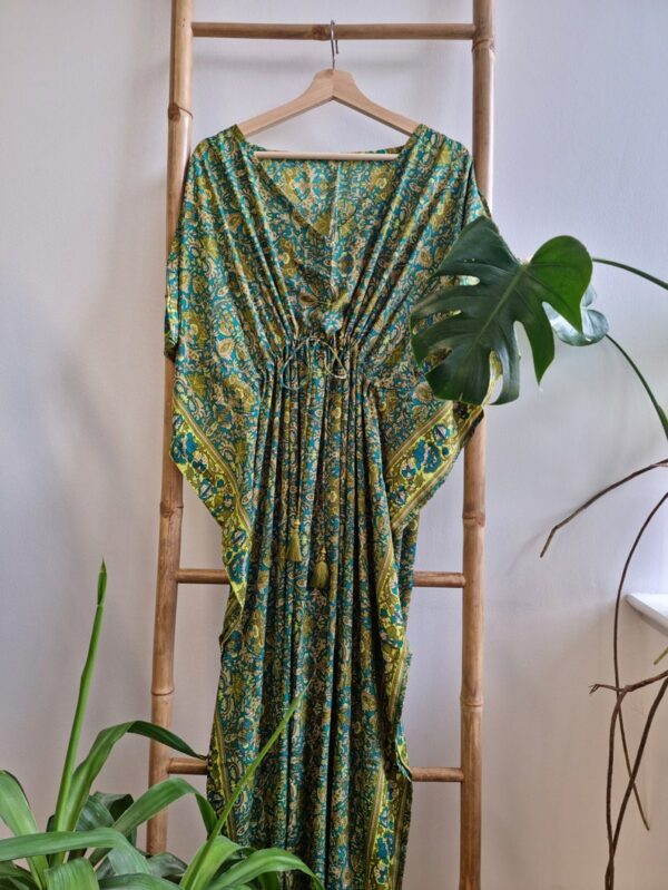 New Silk Blend Kaftan in Paisley Digital Print- Emerald Green