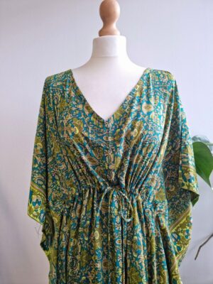 New Silk Blend Kaftan in Paisley Digital Print- Emerald Green - Image 6