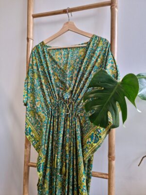 New Silk Blend Kaftan in Paisley Digital Print- Emerald Green - Image 7