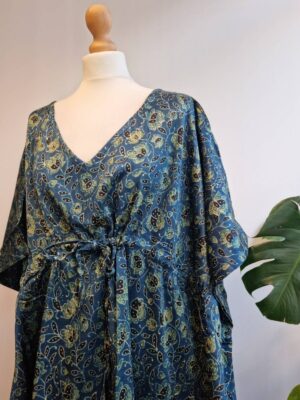 Mashru Silk Kaftan Ajrakh Indigo Blue Green Floral Climbers Motif - Image 2
