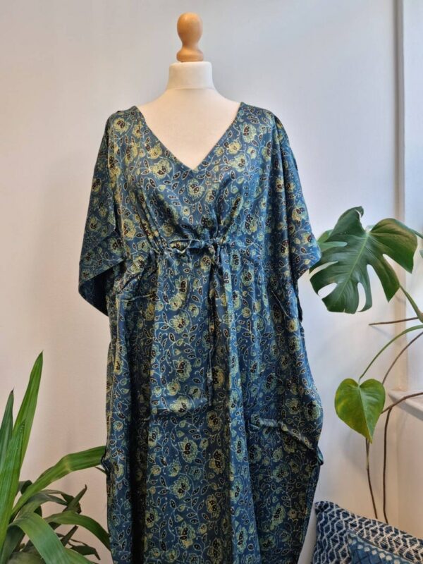 Mashru Silk Kaftan Ajrakh Indigo Blue Green Floral Climbers Motif