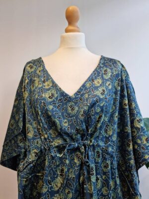 Mashru Silk Kaftan Ajrakh Indigo Blue Green Floral Climbers Motif - Image 3