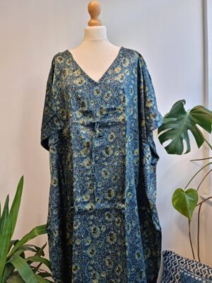 Mashru Silk Kaftan Ajrakh Indigo Blue Green Floral Climbers Motif - Image 4