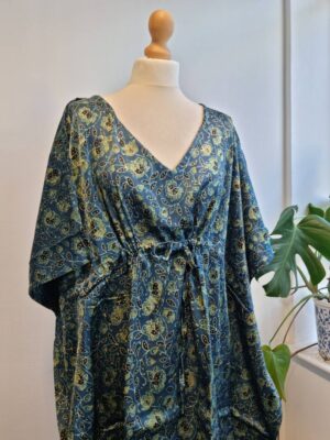 Mashru Silk Kaftan Ajrakh Indigo Blue Green Floral Climbers Motif - Image 5