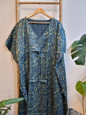 Mashru Silk Kaftan Ajrakh Indigo Blue Green Floral Climbers Motif - Image 6