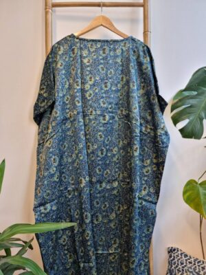 Mashru Silk Kaftan Ajrakh Indigo Blue Green Floral Climbers Motif - Image 7