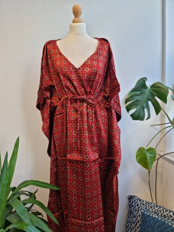 Mashru Silk Kaftan Ajrakh - Red Robe Mini Geometric Petal Star Motif