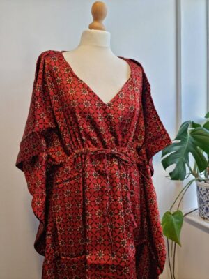 Mashru Silk Kaftan Ajrakh - Red Robe Mini Geometric Petal Star Motif - Image 3