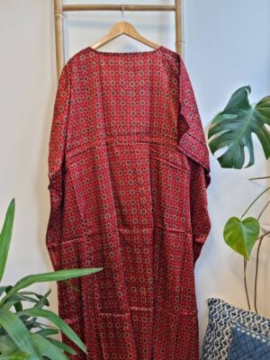 Mashru Silk Kaftan Ajrakh - Red Robe Mini Geometric Petal Star Motif - Image 5