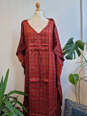 Mashru Silk Kaftan Ajrakh - Red Robe Mini Geometric Petal Star Motif - Image 6