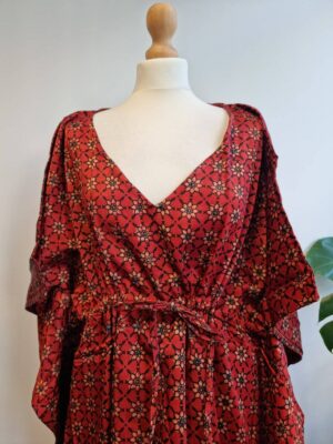 Mashru Silk Kaftan Ajrakh - Red Robe Mini Geometric Petal Star Motif - Image 7