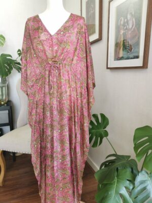 New Silk Blend Kaftan Robe-Paisley Digital Print Flowy Gown - Image 5