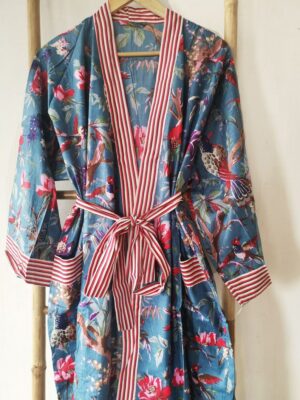 Pure Cotton Kimono - Steel Blue Birds - Image 2
