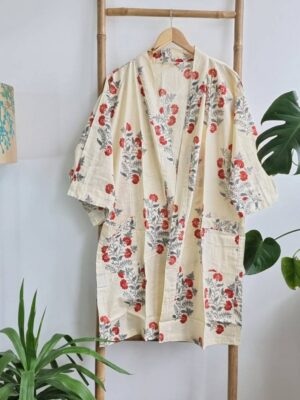 Pure Cotton Kimono in Cream & Red - Image 4