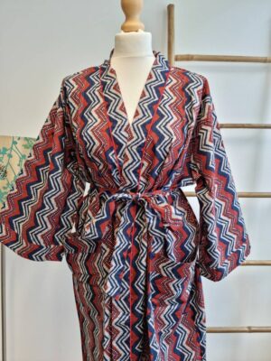 Pure Cotton Kimono in Red Blue Geometric Stripes - Image 2