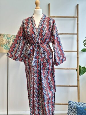 Pure Cotton Kimono in Red Blue Geometric Stripes - Image 3