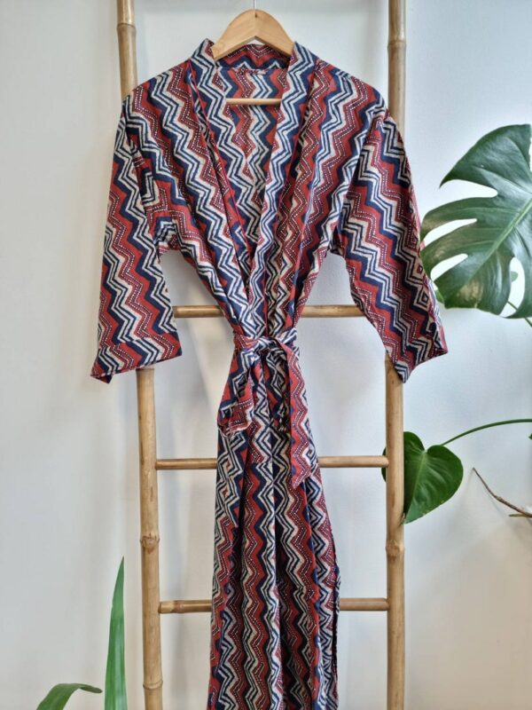 Pure Cotton Kimono in Red Blue Geometric Stripes