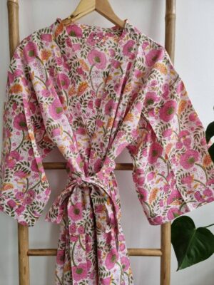 Cotton Knee-length Kimono-Pink White Gardenia Botanical Floral - Image 6