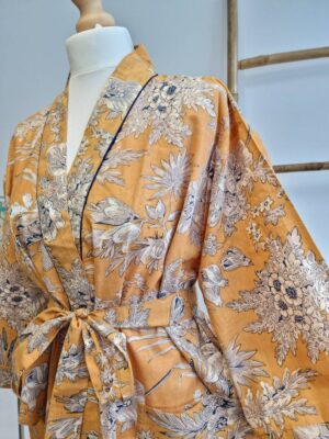 Pure Cotton Kimono- Mustard Bloom Leaves - Image 3