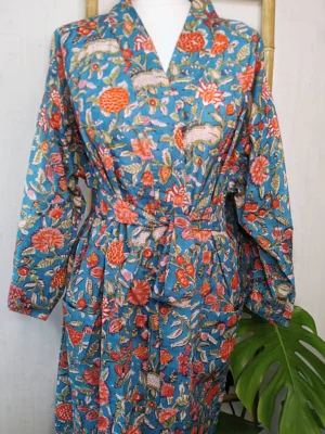 Pure Cotton Kimono Knee Length-Turquoise Ecstasy Garden - Image 2