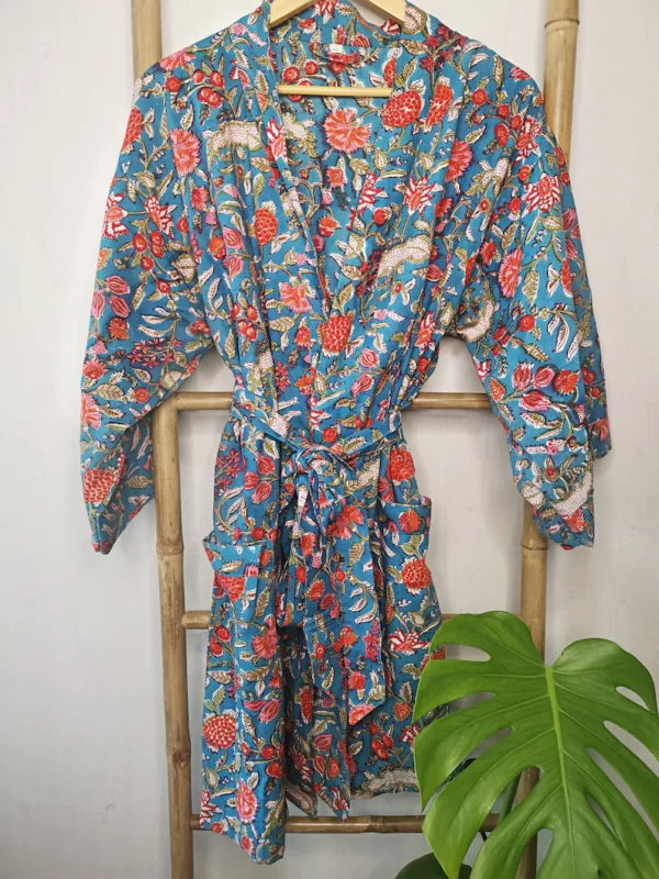 Pure Cotton Kimono Knee Length-Turquoise Ecstasy Garden