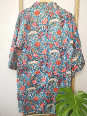 Pure Cotton Kimono Knee Length-Turquoise Ecstasy Garden - Image 3