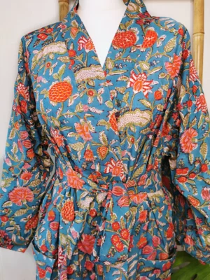 Pure Cotton Kimono Knee Length-Turquoise Ecstasy Garden - Image 4