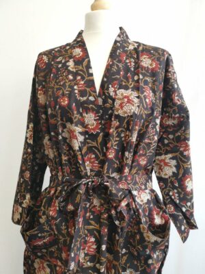 Pure Cotton House Robe Summer Kimono in Bagru Black Beige Red Bloom Gardenia - Image 2