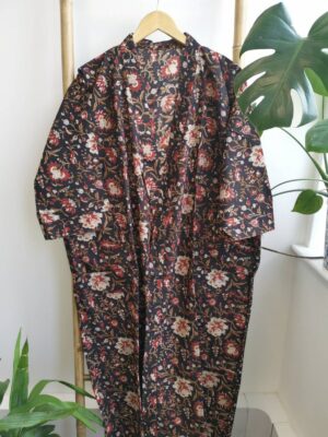 Pure Cotton House Robe Summer Kimono in Bagru Black Beige Red Bloom Gardenia - Image 4