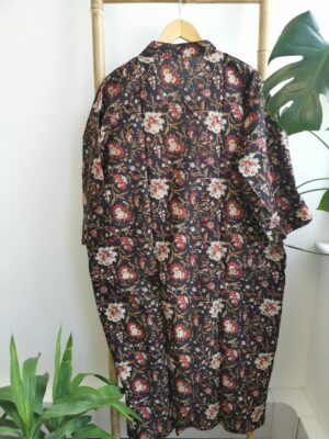 Pure Cotton House Robe Summer Kimono in Bagru Black Beige Red Bloom Gardenia - Image 5