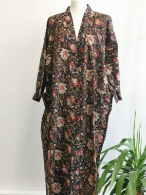 Pure Cotton House Robe Summer Kimono in Bagru Black Beige Red Bloom Gardenia - Image 6