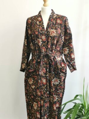 Pure Cotton House Robe Summer Kimono in Bagru Black Beige Red Bloom Gardenia - Image 7
