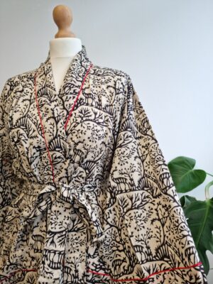 Pure Cotton Kimono in White Black Red Deer Forest - Image 2