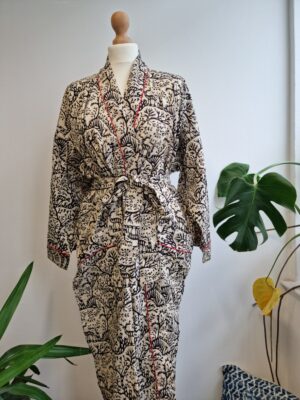 Pure Cotton Kimono in White Black Red Deer Forest - Image 3