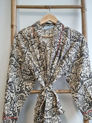 Pure Cotton Kimono in White Black Red Deer Forest - Image 5