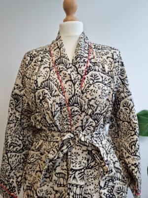 Pure Cotton Kimono in White Black Red Deer Forest - Image 9