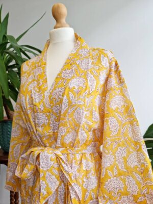 Pure Cotton Kimono Yellow Ginkgo Leaves Gardenia - Image 2