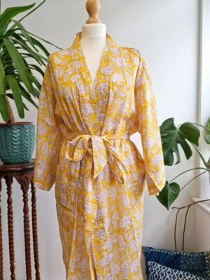 Pure Cotton Kimono Yellow Ginkgo Leaves Gardenia - Image 3