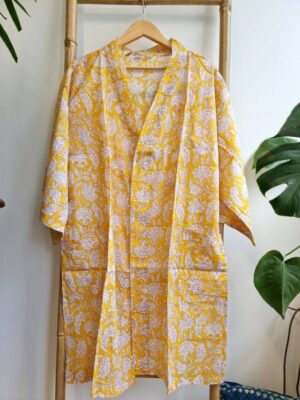 Pure Cotton Kimono Yellow Ginkgo Leaves Gardenia - Image 4