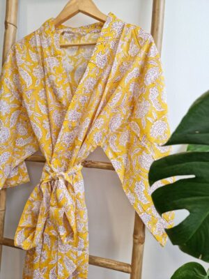 Pure Cotton Kimono Yellow Ginkgo Leaves Gardenia - Image 8