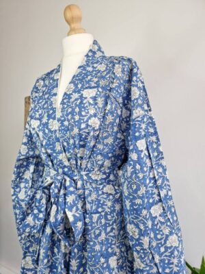 Pure Cotton Kimono - Cornflower Blue White Floral Bloom - Image 2