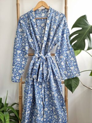 Pure Cotton Kimono - Cornflower Blue White Floral Bloom - Image 3
