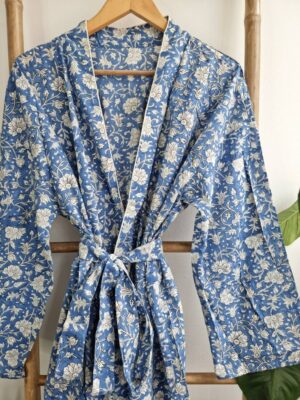 Pure Cotton Kimono - Cornflower Blue White Floral Bloom - Image 4