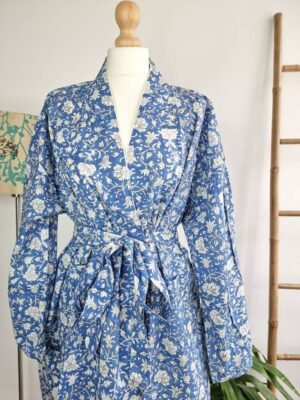 Pure Cotton Kimono - Cornflower Blue White Floral Bloom - Image 6
