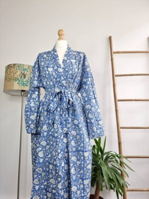 Pure Cotton Kimono - Cornflower Blue White Floral Bloom - Image 8