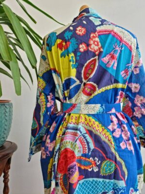 Pure Cotton Kimono - Bright Blue Oriental Floral - Image 2