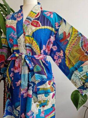 Pure Cotton Kimono - Bright Blue Oriental Floral - Image 3