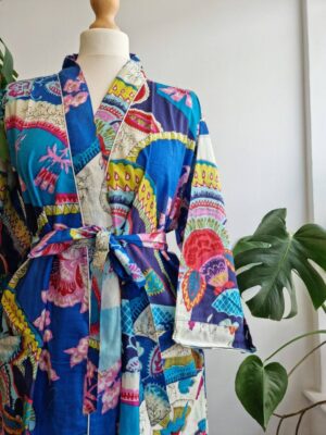 Pure Cotton Kimono - Bright Blue Oriental Floral - Image 5