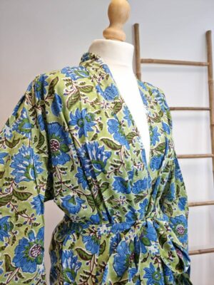 cotton Kimono in Leaf Green Blue Botanical Print - Image 2